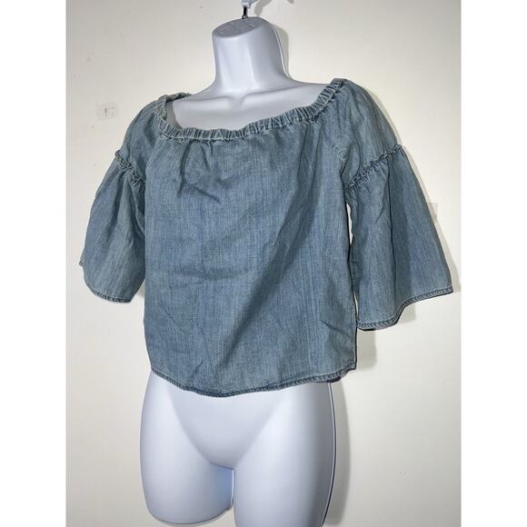 Madewell Crop Top Small Off The Shoulder Azalea Chambray Denim Boho Cottage Core - Picture 3 of 12
